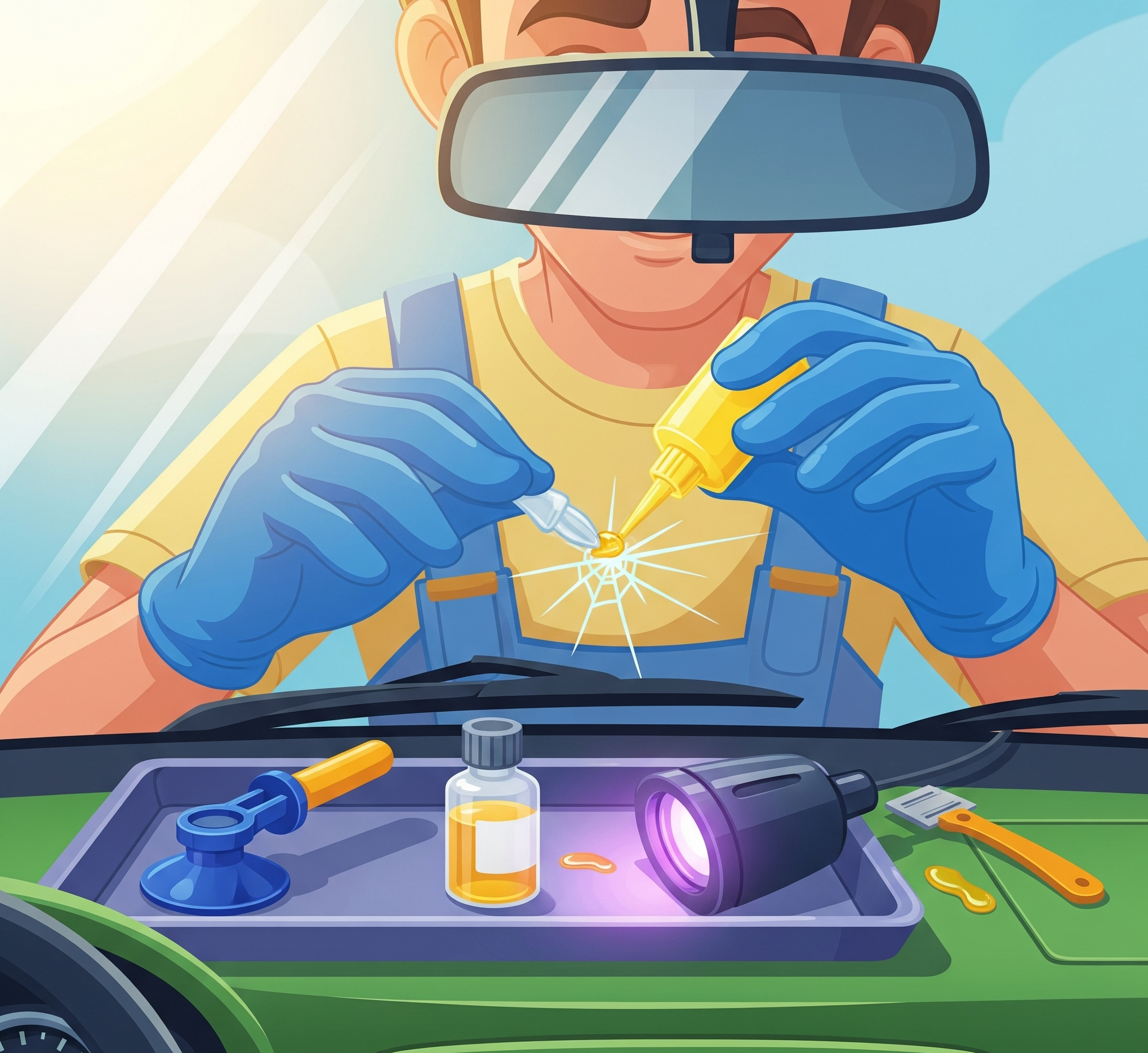 naprawa szyby, odprysk szyby, DIY motoryzacja, konserwacja samochodu, naprawa przedniej szyby, żywica do szkła, pękniecie szyby